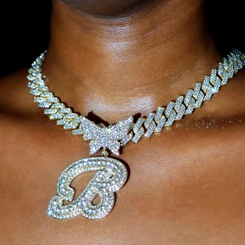Miniatura 3 de Cuban Link Chain for Women Cursive Silver Initial 14MM Diamond Prong Cuban Chain Hip Hop Iced Out Chain Necklace Butterfly Initial Letter Name