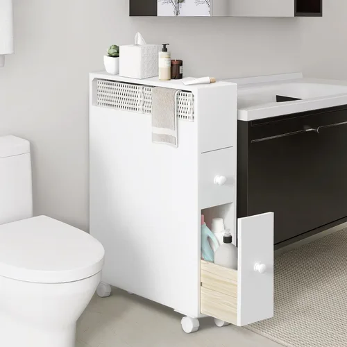 Miniatura 7 de MASAKA B&W Armario de almacenamiento de baño móvil con 2 cajones y estante, almacenamiento de papel higiénico, estantes de esquina