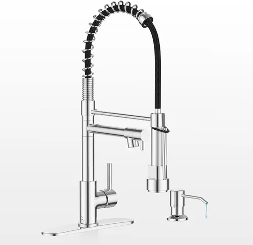 Miniatura 17 de Grifo de cocina con dispensador de jabón, grifos de fregadero de cocina de resorte de una sola manija con rociador desplegable y placa de cubierta