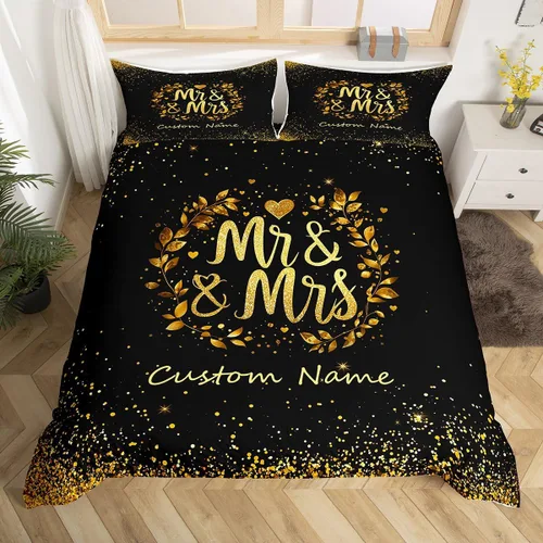 Juego de ropa de cama personalizado con lentejuelas negras y doradas, funda de edredón de corazón dorado con purpurina para mujeres y hombres,