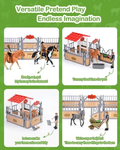 Miniatura 4 de Juego de establo de caballos, regalos de caballo para niñas y niños con 3 caballos y 2 jinetes, juego de juguetes de caballos de animales de granja