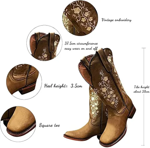 Miniatura 4 de SO SIMPOK Botas vaqueras retro occidentales para mujer, con diseño de mariposas bordadas de media pantorrilla, botas de tacón grueso