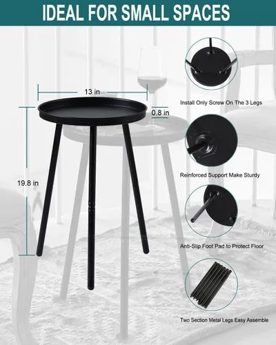 Miniatura 2 de AOJEZOR Mesa auxiliar: mesa auxiliar para cualquier habitación - Mesas auxiliares pequeñas para espacios pequeños, todo negro mate con 3 patas