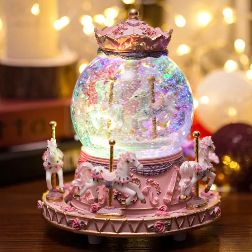 LOVE FOR YOU Caja de Música Bluetooth Envuelta para Regalo Carrusel de Caballos Luces de Colores Globo de Nieve de Unicornio para Niñas y Mujeres