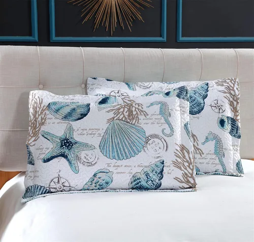 Miniatura 9 de Juego de cama reversible de 3 piezas con diseño náutico, tamaño Queen (90x90 Pulgadas), con conchas de mar azul-verde y coral, juego de colcha
