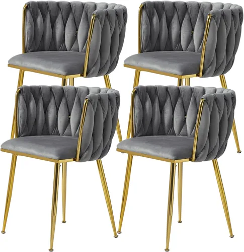 Miniatura 19 de Juego de 2 sillas de comedor de terciopelo, modernas sillas de comedor tapizadas con patas de metal dorado y respaldo tejido para comedor, cocina