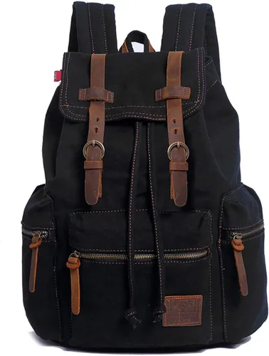 Miniatura 13 de HuaChen Mochila de viaje de lona vintage con ribete de cuero, funda acolchada para laptop, bolsillo de seguridad trasero oculto, se adapta a 14