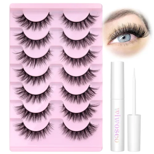 Wispy Lashes Pestañas postizas de aspecto natural con pegamento de pestañas, kit de pestañas de ojo de gato, extensión de pestañas con pegamento