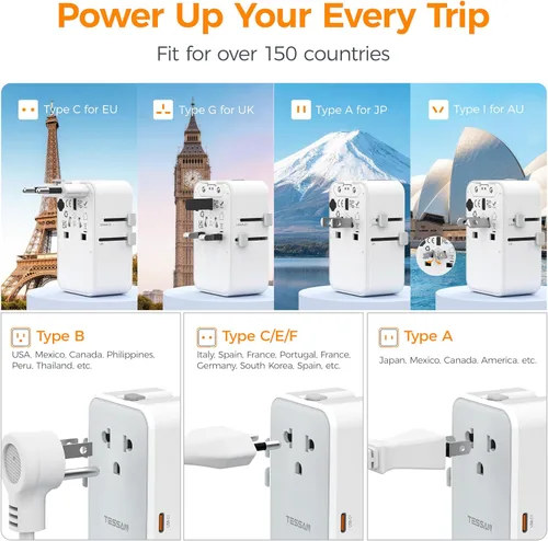 Miniatura 2 de TESSAN Adaptador de viaje universal PD 25W, adaptador de corriente internacional ultrafino, cargador rápido, adaptador de enchufe mundial con 2 USB