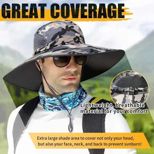 Miniatura 3 de 【Gran tamaño XXL y ala ancha】 Sombreros de sol para hombre, UPF50+resistente al agua: sombrero de pesca Boonie para senderismo, safari, playa, jardín