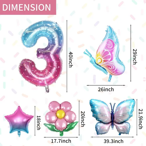 Miniatura 2 de Sowide Globo de mariposa para decoraciones de tercer cumpleaños, globos de mariposa, globos de mariposa rosa degradada, globo de Mylar