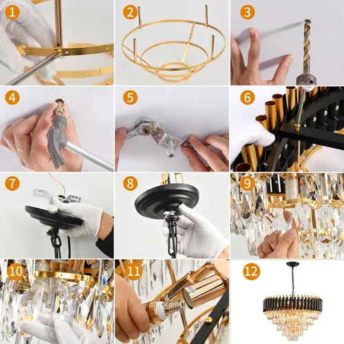 Miniatura 9 de Candelabro de cristal moderno dorado de 5 niveles para sala de estar, lámpara de araña grande de cristal negro, lámpara colgante de techo