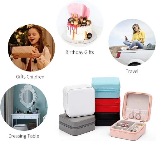 Miniatura 6 de Vlando Pequeña caja de joyería pequeña, caja de almacenamiento de joyas de viaje de piel sintética, aretes, anillos, collares, el mejor regalo