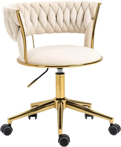 Miniatura 12 de NIOIIKIT Silla de Escritorio de Terciopelo con Respaldo Tejido a Mano, Silla de Tarea Giratoria 360° y Altura Ajustable, Silla de Maquillaje, Sillas