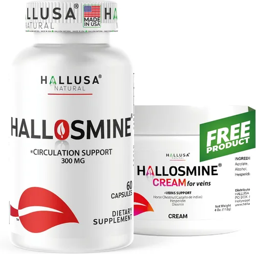 Hallusa Natural Hallosmine Circulation & Vein Support Diosmin 300 mg + crema de piernas gratis, pies hinchados, tobillos y piernas, venas visibles,