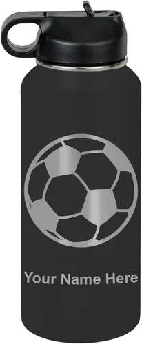 Miniatura 46 de LaserGram Botella de agua personalizada, pelota de fútbol, acero inoxidable de doble pared aislada al vacío con popote superior, regalo grabado
