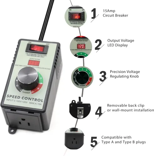 Miniatura 4 de Controlador de velocidad variable de motor AC ZOWZEA 120V 15A 4000W con interruptor de protección contra sobrecarga