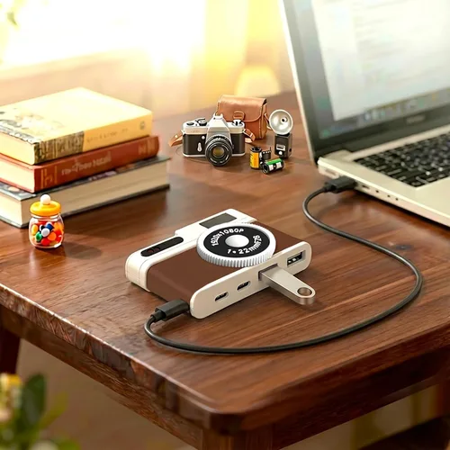 Miniatura 7 de Hub USB C, concentrador USB de 4 puertos con 2 puertos USB-A 2.0 y 2 puertos USB-C, adaptador USB compacto estilo cámara vintage para laptop