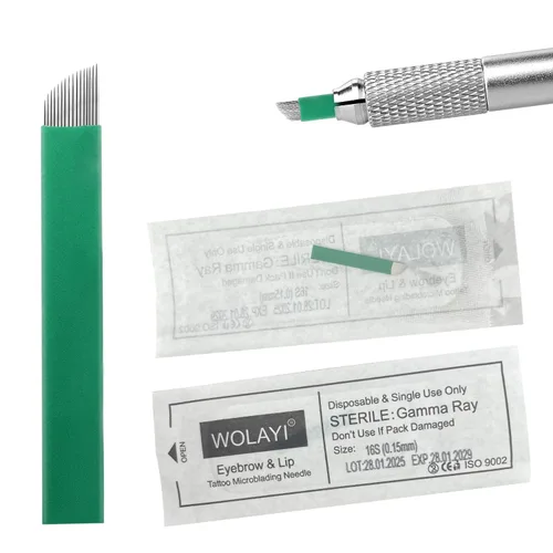 Miniatura 10 de 14U 30 agujas de microblading nano 0.006 in más delgada del mercado, aguja manual de maquillaje permanente para tatuaje de cejas con fecha