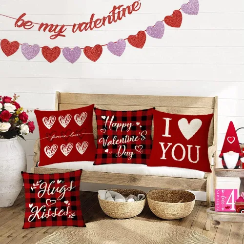 Miniatura 7 de Juego de 4 fundas de almohada de 16 x 16 pulgadas, diseño de corazón rojo con diseño de corazón de amor, fundas de almohada de aniversario de boda