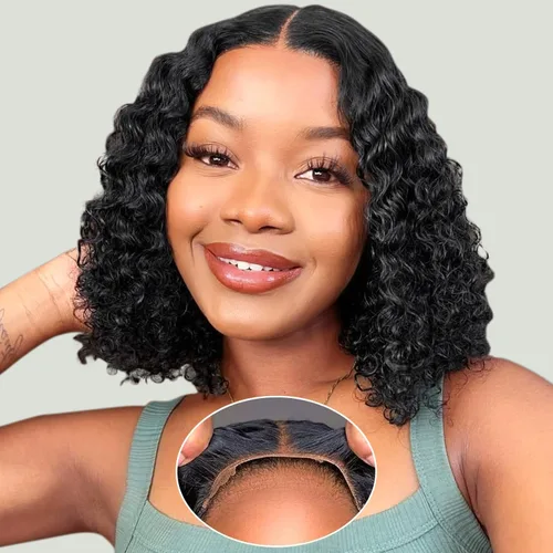 Miniatura 8 de Pelucas de cabello humano sin pegamento predepiladas precortadas Bob rizado corto con encaje frontal para mujeres negras, cierre de encaje 4x4