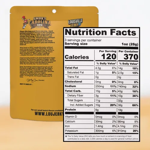 Miniatura 2 de Louisville Vegan Jerky - Carolina ahumada, carne seca apta para vegetarianos y veganos, 0.59 onzas de proteína de soja sin OMG, 300 calorías por