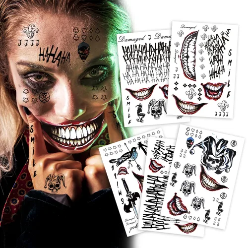Miniatura 8 de Paquete de 3 tatuajes temporales grandes para cosplay, 8.2 x 11.6 pulgadas, tatuajes falsos con temática de payaso para hombres, mujeres y niños