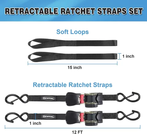 Miniatura 5 de EXVITAL Correas de trinquete retráctiles de servicio pesado de 1200 libras, resistencia a la rotura, correas de amarre retráctiles, correas