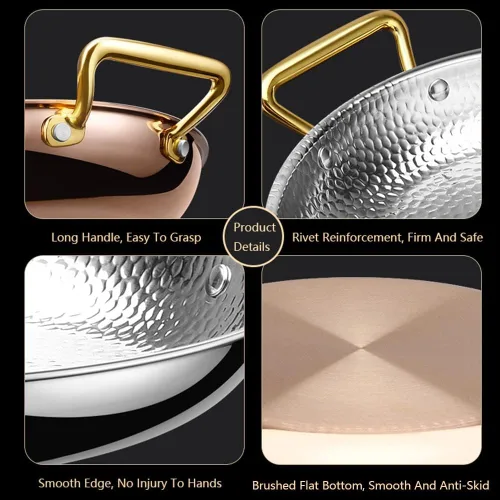 Miniatura 5 de RSBFER Paella española, 304 de acero inoxidable martillado a mano, antiadherente, mariscos con doble asa para hogares o restaurantes, plata, 10.2 in