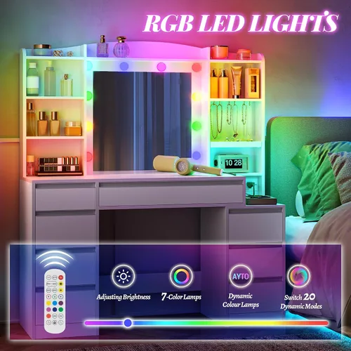 Miniatura 3 de HEXCELEN Tocador Grande de 47.2 Pulgadas con Espejo, Tocador con Luz LED, Tocador de Maquillaje con Regleta de Enchufes, 8 Cajones y 8 Estantes