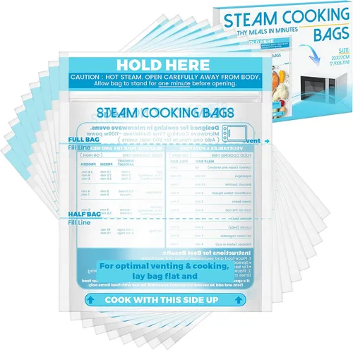 Miniatura 10 de 20 bolsas de vapor para microondas, bolsas de cocción al vapor con cremallera para verduras, patatas, mariscos, carne, verduras y alimentos