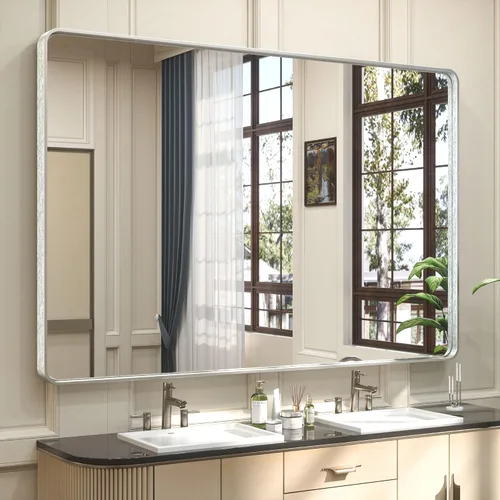 Miniatura 61 de TETOTE Espejo de marco dorado cepillado de 16 x 24 pulgadas, espejo de tocador de baño de latón dorado para pared, espejo enmarcado rectangular