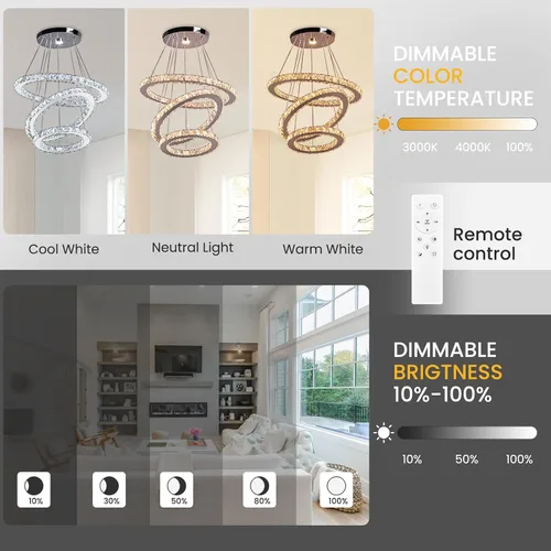 Miniatura 5 de CLAIRDAI Candelabros de Cristal Modernos Ajustables de Cristal de 3 Anillos Lámpara de Techo LED Candelabros LED para Comedor Dormitorio Sala