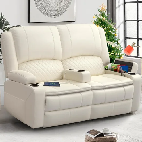 Miniatura 15 de Yolsali Juego de sofá biplaza con 2 capas de cojín para sala de estar, 2+1 pieza, sofá doble reclinable de 2 plazas, de cuero con consola extraíble