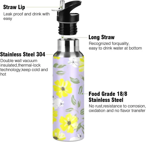 Miniatura 3 de White Yellow Flowers Violet Stainless Steel Water Bottle 32 Oz Leakproof Water Bottles, BPA-Free Sports Water Bottle with Straw