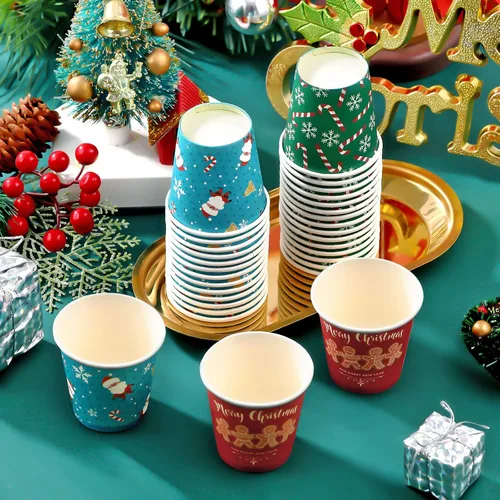 Miniatura 7 de Cunhill Paquete de 600 vasos de papel de Navidad de 3 onzas, pequeños vasos desechables para baño con diseño de copos de nieve de Papá Noel y pan