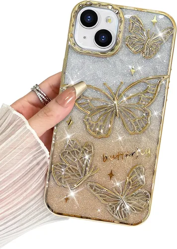 Miniatura 49 de BITOBE Diseñada para iPhone 15 Pro Max, bonita funda de mariposa 3D chapada en purpurina delgada para mujeres y niñas, protección de cámara, Negro