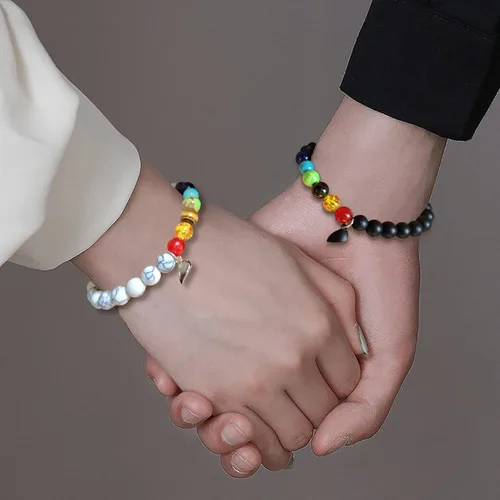 Miniatura 78 de 2 pulseras magnéticas para parejas, piedra natural negra mate, cristal para votos de amor eterno, juego de pulseras de cuentas de piedra de energía
