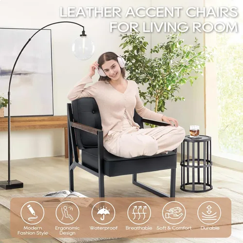Miniatura 5 de COLAMY Juego de 2 sillas decorativas modernas de mediados de siglo, cómoda silla de sala de estar, silla decorativa de cuero negro, sillón
