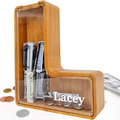 Miniatura 91 de Alcancía para niños y niñas, alcancía grande de madera personalizada con diseño recortado, bancos de monedas con letras del alfabeto, caja de ahorro