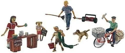 Miniatura 2 de Summertime Jobs (Paperboy, Lawn Boy, soporte de limonada con 3 figuras y perro) Escala HO Woodland Scenics