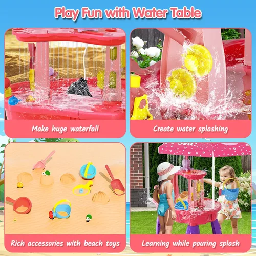 Miniatura 3 de Juguetes de mesa de agua de arena 2026 para niños pequeños de 1-3, 3-5 años con paraguas, juguete de mesas de agua al aire libre para niños de 3 Rosa