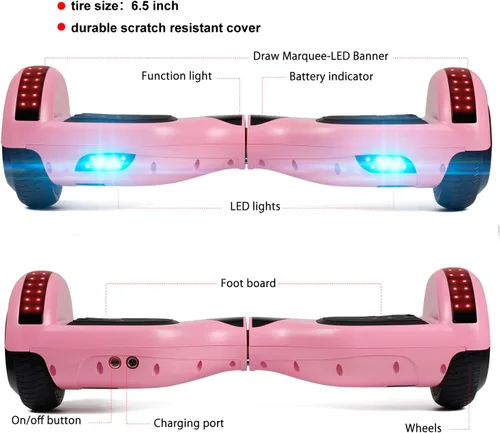 Miniatura 2 de FLYING-ANT Patinete autoequilibrante de 16.51 cm con altavoz y luces LED rojas Rosa