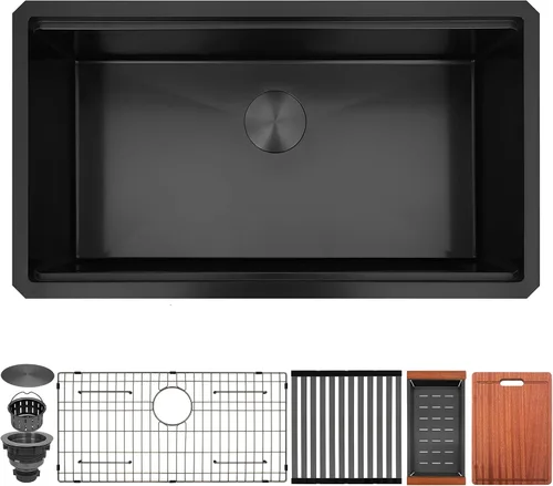 Miniatura 20 de Fregadero de cocina de 33 x 22 pulgadas, color negro, 33 pulgadas de montaje superior, fregadero de cocina de acero inoxidable calibre 16, estación