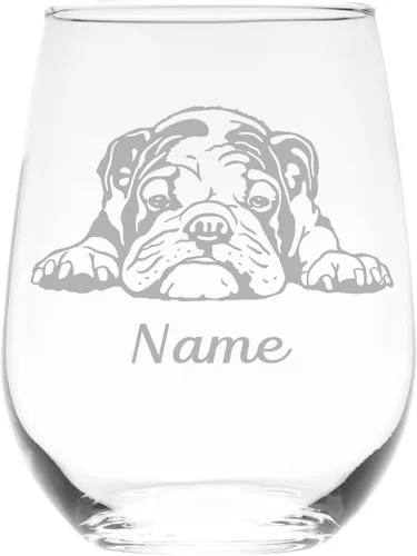 C M Copa de vino sin tallo con bulldog inglés y nombre, 17 onzas, regalo personalizado para perros para mujeres y hombres, vidrio transparente