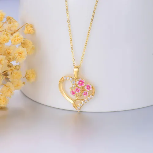 Miniatura 22 de Collar de flor de nacimiento de oro real de 14 quilates para mujer, oro amarillo creado moissanita con colgante de corazón, collares