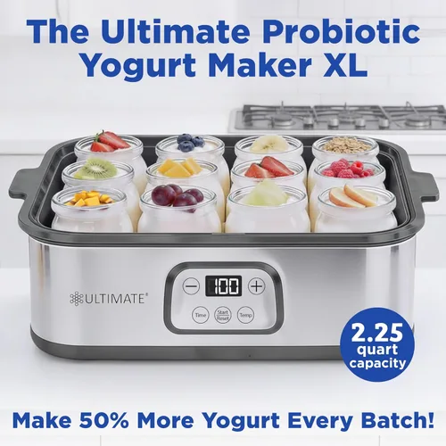 Miniatura 2 de Ultimate Probiotic Yogurt Maker XL, control de tiempo y temperatura ajustable, 50% más de capacidad con 12 frascos de yogur de 6 onzas, hace