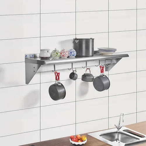 Miniatura 7 de Hally Estante de Acero Inoxidable con 6 Ganchos 12" x 36" Estante para Ollas Montado en Pared, Estantería Flotante Comercial NSF para Almacenamiento