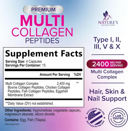 Miniatura 2 de Píldoras de complejo de colágeno múltiple, cápsulas de péptidos de colágeno hidrolizados para mujeres y hombres - Tipos I, II, III, V, X Multi
