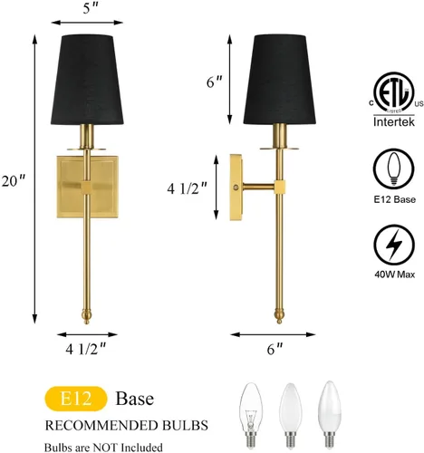 Miniatura 5 de XiNBEi Lighting Apliques de Pared Juego de 2, Iluminación de Aplique de Latón Cepillado Cableado con Pantalla de Tela Negra Lámpara de Montaje